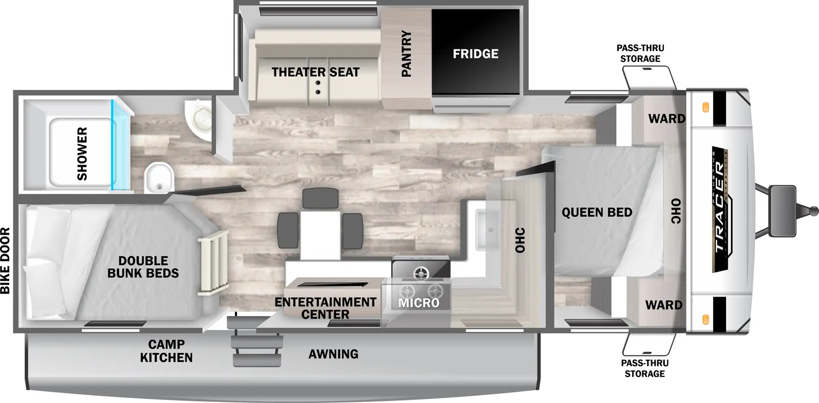 The Tracer 250BH floorplan has one entry and one slide out. Exterior features include: fiberglass exterior and outside kitchen. Interiors features include: bunk beds and front bedroom.